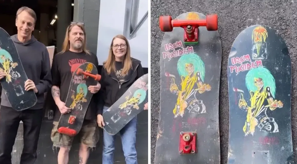 Skate pintado por Kurt Cobain com ilustração do Iron Maiden é adquirido por Tony Hawk